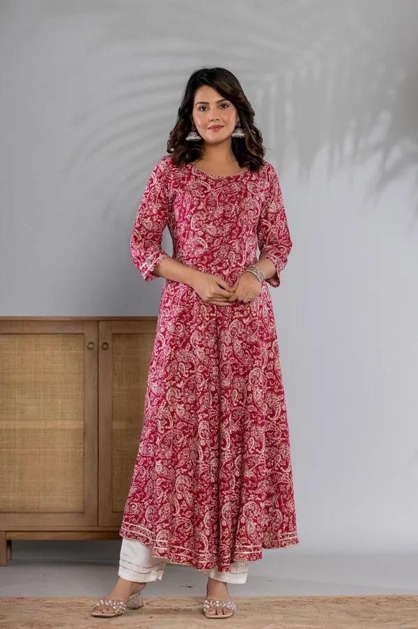 Wine_Kalamkari_Printed_Rayon_Flared_Kurta_&_Pant_Set_