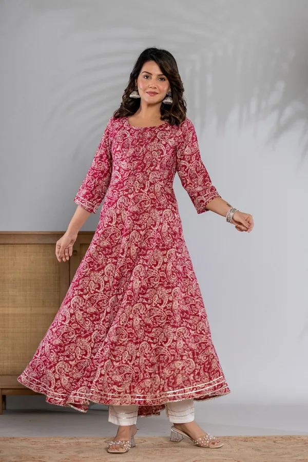 Wine_Kalamkari_Printed_Rayon_Flared_Kurta_&_Pant_Set_