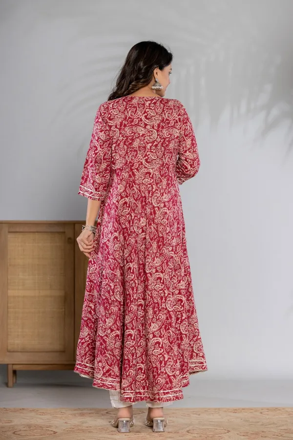 Wine_Kalamkari_Printed_Rayon_Flared_Kurta_&_Pant_Set_