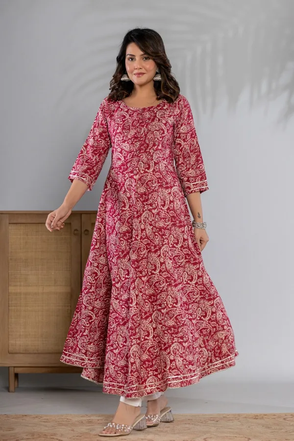 Wine_Kalamkari_Printed_Rayon_Flared_Kurta_&_Pant_Set_