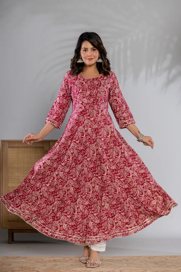 Wine_Kalamkari_Printed_Rayon_Flared_Kurta_&_Pant_Set_