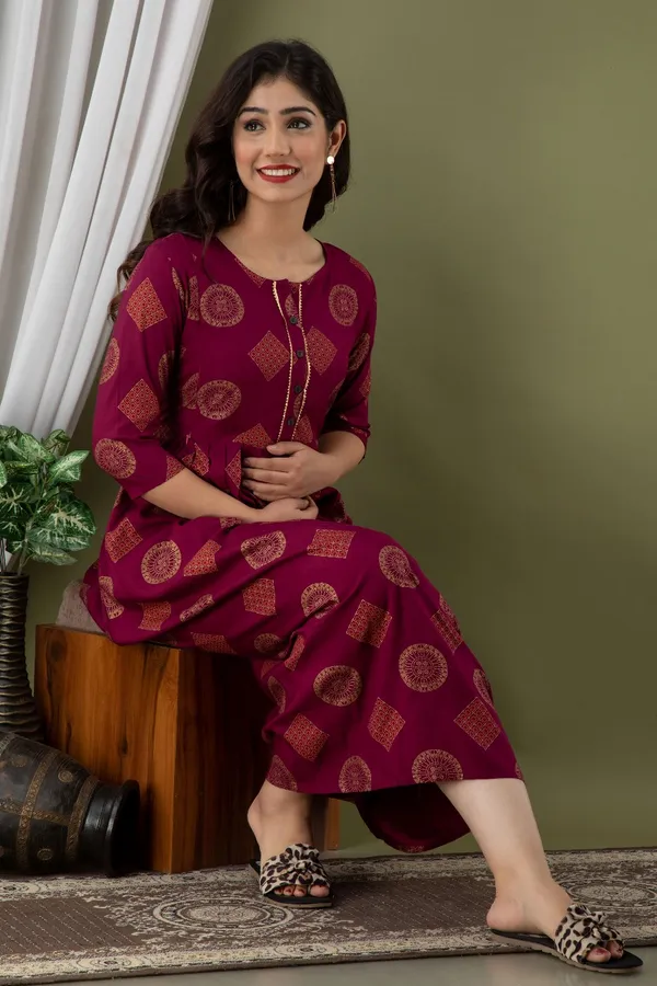 Wine_Rayon_Printed_maternity_Kurta