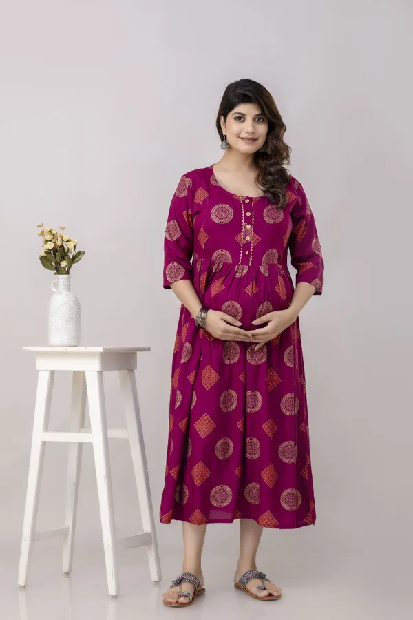 Wine_Rayon_Printed_maternity_Kurta