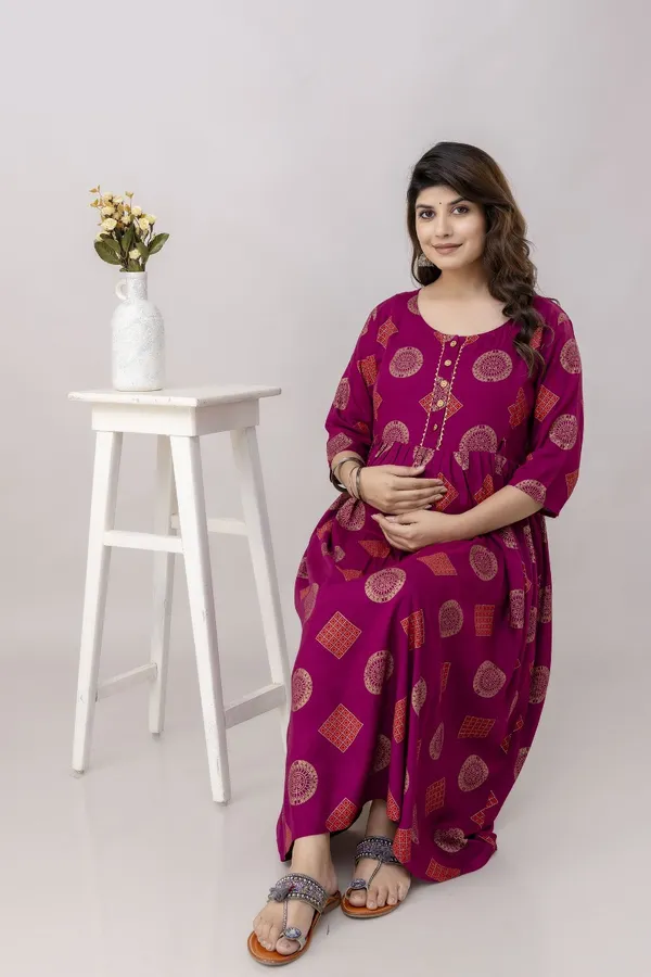 Wine_Rayon_Printed_maternity_Kurta