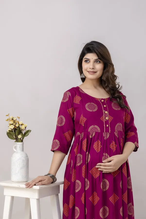 Wine_Rayon_Printed_maternity_Kurta