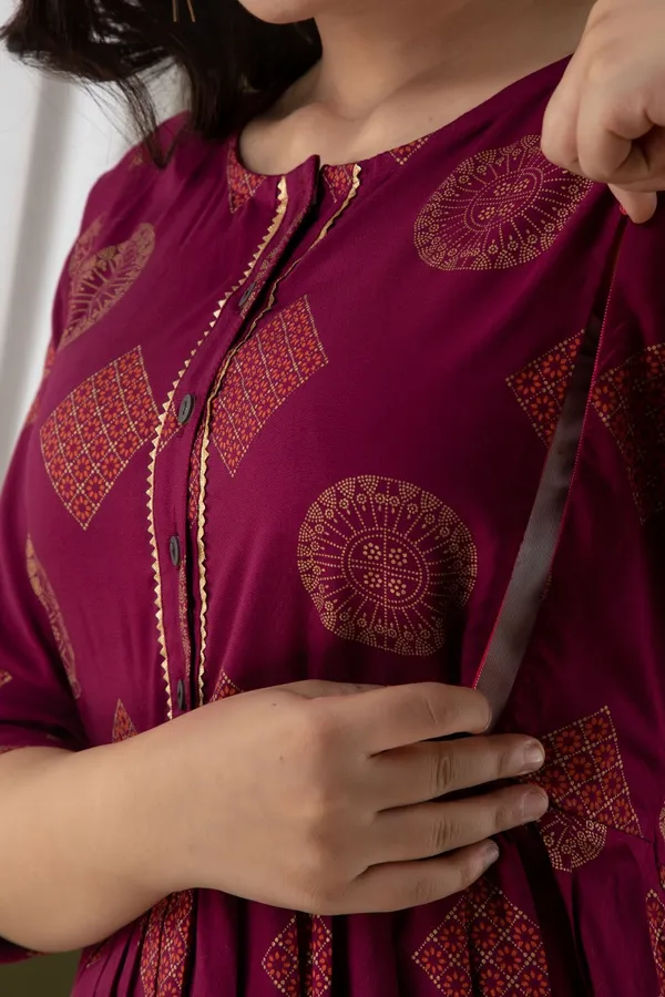 Wine_Rayon_Printed_maternity_Kurta