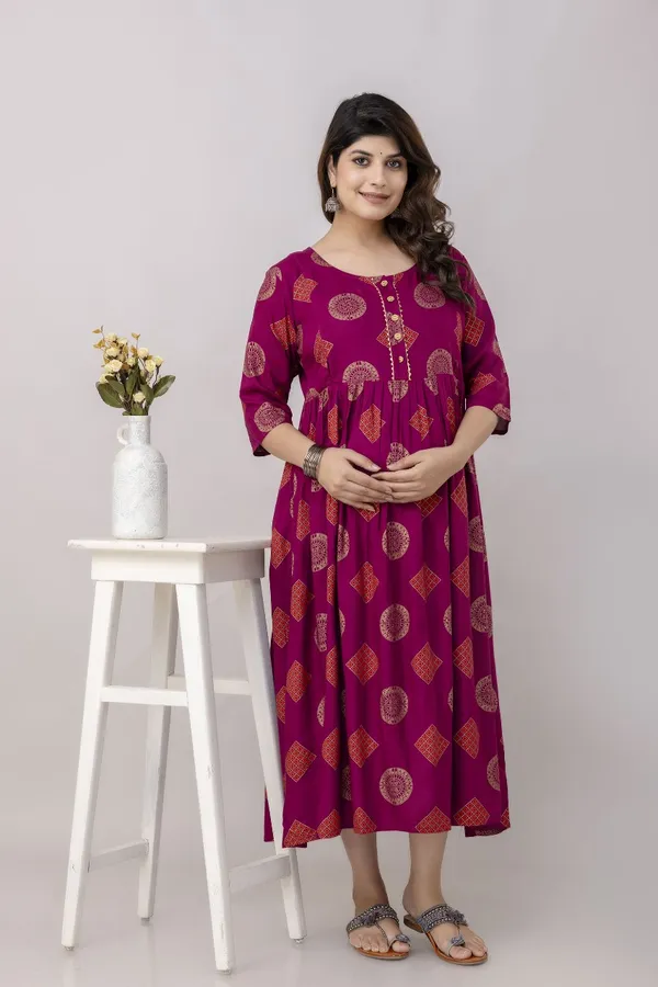 Wine_Rayon_Printed_maternity_Kurta