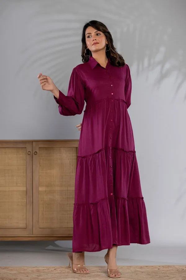 Zipless_Wine_rayon_Solid_3_Tier_Shirt_Dress