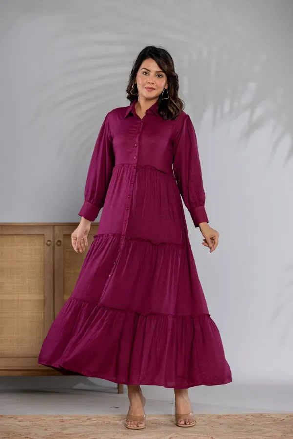 Zipless_Wine_rayon_Solid_3_Tier_Shirt_Dress