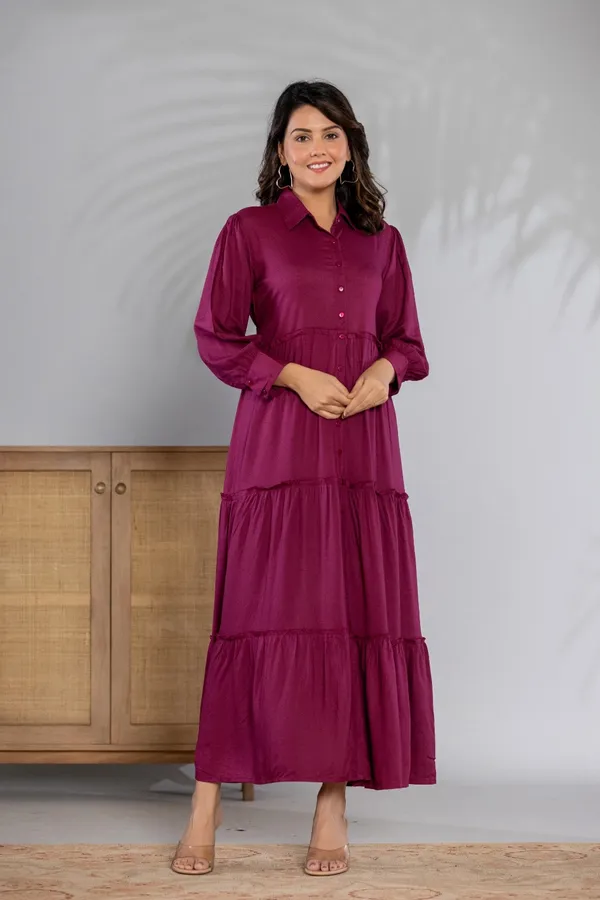 Zipless_Wine_rayon_Solid_3_Tier_Shirt_Dress