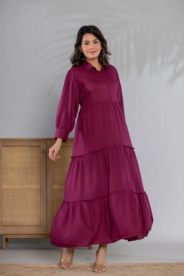 Zipless_Wine_rayon_Solid_3_Tier_Shirt_Dress