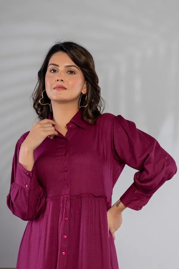 Zipless_Wine_rayon_Solid_3_Tier_Shirt_Dress