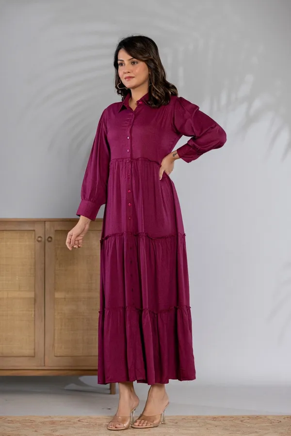 Zipless_Wine_rayon_Solid_3_Tier_Shirt_Dress