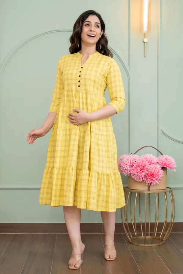 YELLOW_CHECKED_PRINTED_MATERNITY_DRESS