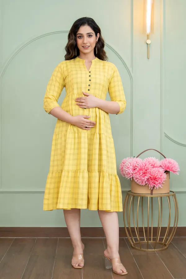 YELLOW_CHECKED_PRINTED_MATERNITY_DRESS