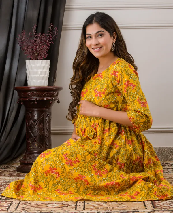 Yellow_cotton_Printed_Maternity_Kurti
