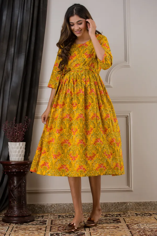 Yellow_cotton_Printed_Maternity_Kurti
