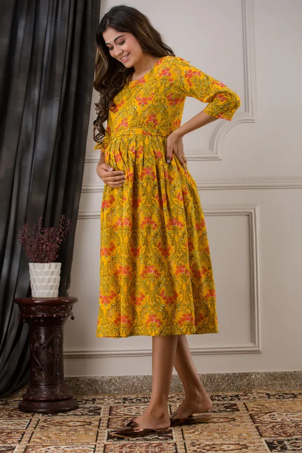 Yellow_cotton_Printed_Maternity_Kurti