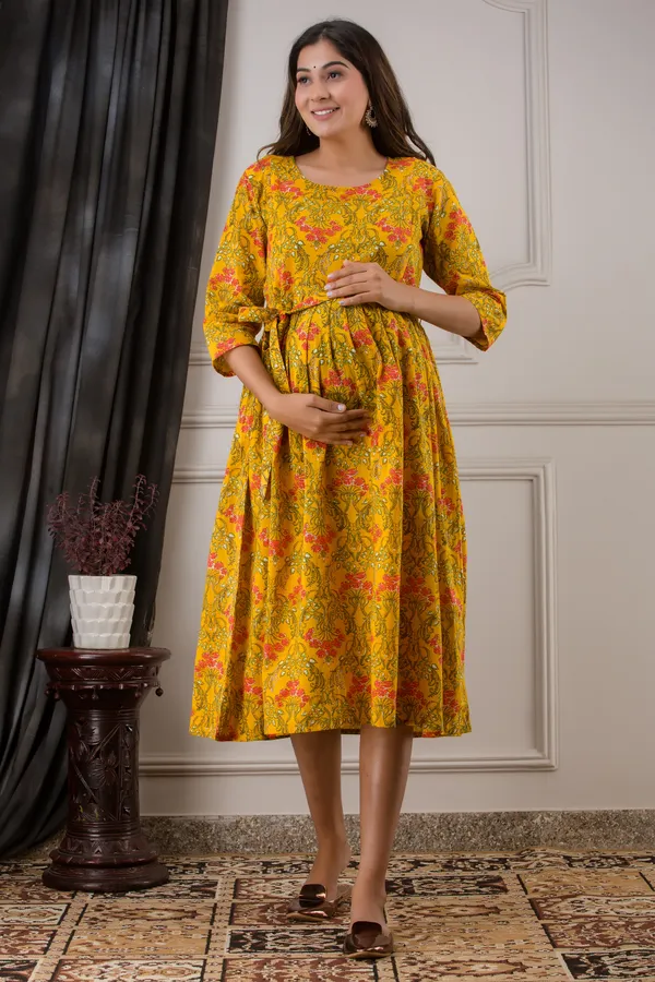 Yellow_cotton_Printed_Maternity_Kurti
