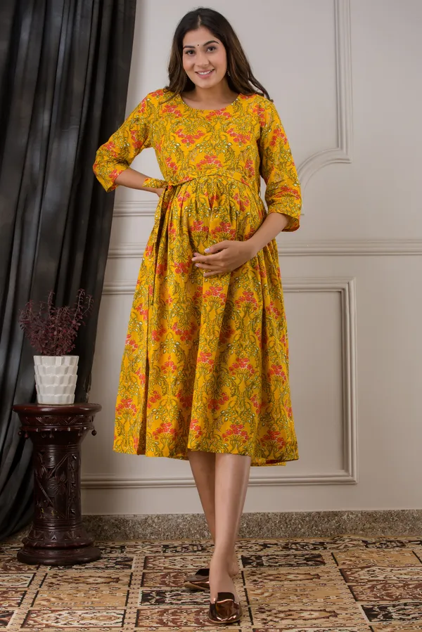 Yellow_cotton_Printed_Maternity_Kurti