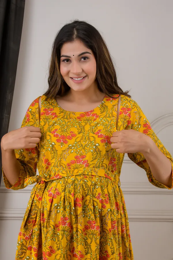 Yellow_cotton_Printed_Maternity_Kurti