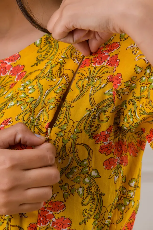 Yellow_cotton_Printed_Maternity_Kurti