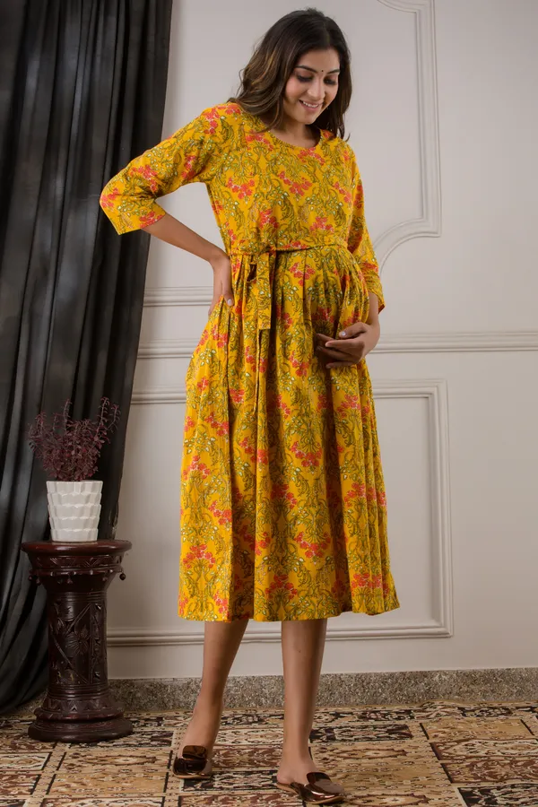 Yellow_cotton_Printed_Maternity_Kurti