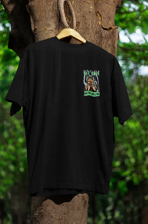Unisex_Black_Oversized_T-Shirt_|_Quco_Say_Boo_Halloween_Edition