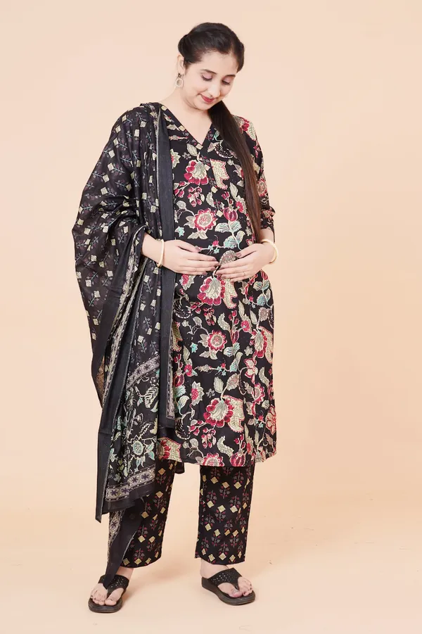 Black_Floral_Kalamkari_Print_Cotton_Maternity_Suit_Set_–_3-Piece_Ethnic_Pregnancy_Ensemble_with_V-Neck_Kurta,_Printed_Trousers,_and_Matching_Dupatta
