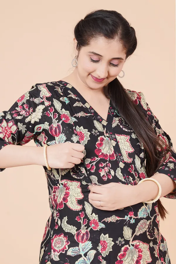Black_Floral_Kalamkari_Print_Cotton_Maternity_Suit_Set_–_3-Piece_Ethnic_Pregnancy_Ensemble_with_V-Neck_Kurta,_Printed_Trousers,_and_Matching_Dupatta