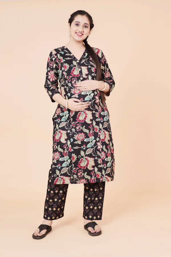 Black_Floral_Kalamkari_Print_Cotton_Maternity_Suit_Set_–_3-Piece_Ethnic_Pregnancy_Ensemble_with_V-Neck_Kurta,_Printed_Trousers,_and_Matching_Dupatta
