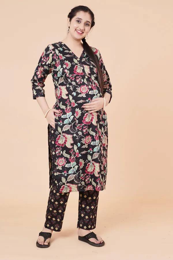Black_Floral_Kalamkari_Print_Cotton_Maternity_Suit_Set_–_3-Piece_Ethnic_Pregnancy_Ensemble_with_V-Neck_Kurta,_Printed_Trousers,_and_Matching_Dupatta