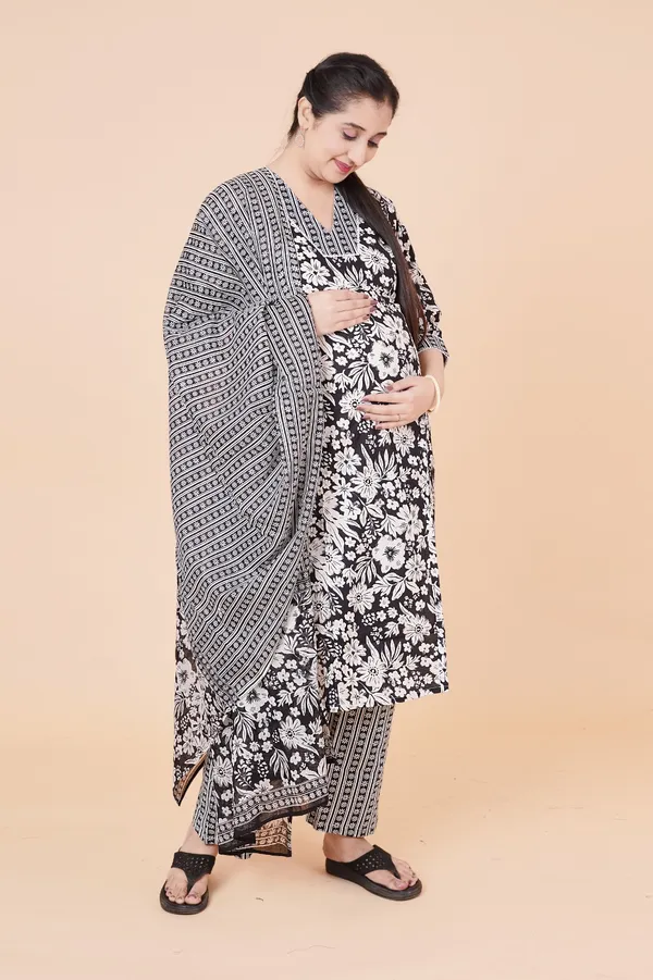 Black_&_White_Floral_Maternity_Kurta_Set_with_Dupatta_–_3-Piece_Feeding-Friendly_Ethnic_Suit