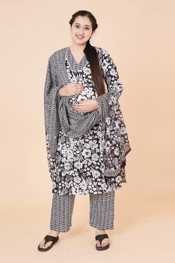Black_&_White_Floral_Maternity_Kurta_Set_with_Dupatta_–_3-Piece_Feeding-Friendly_Ethnic_Suit