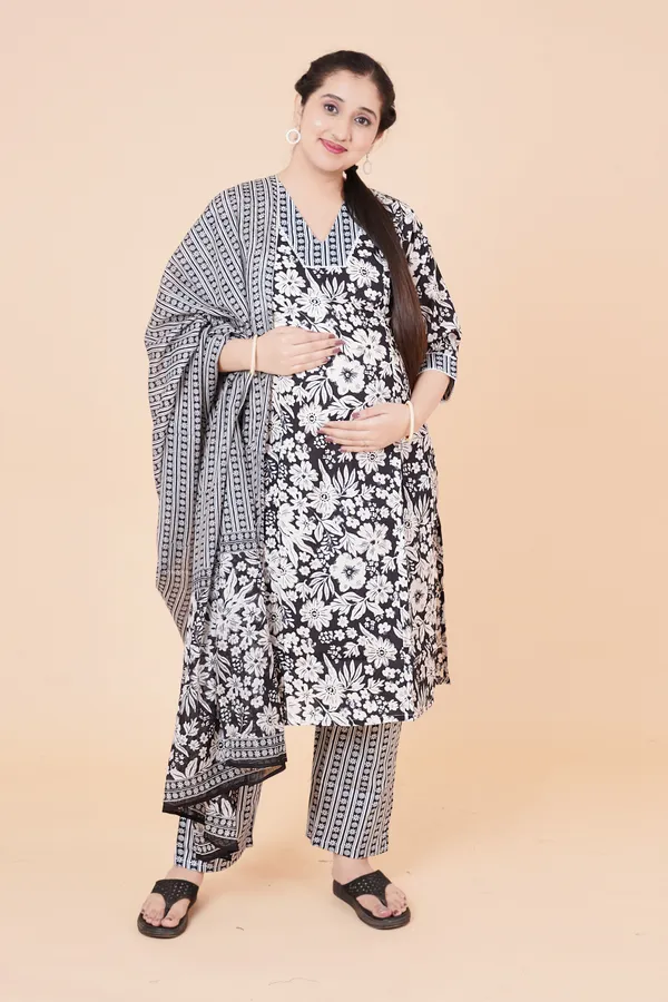 Black_&_White_Floral_Maternity_Kurta_Set_with_Dupatta_–_3-Piece_Feeding-Friendly_Ethnic_Suit