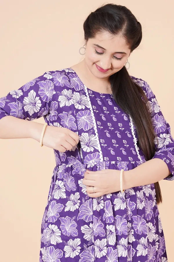 Cotton_Purple_Floral_Print_Maternity_Kurta_Set