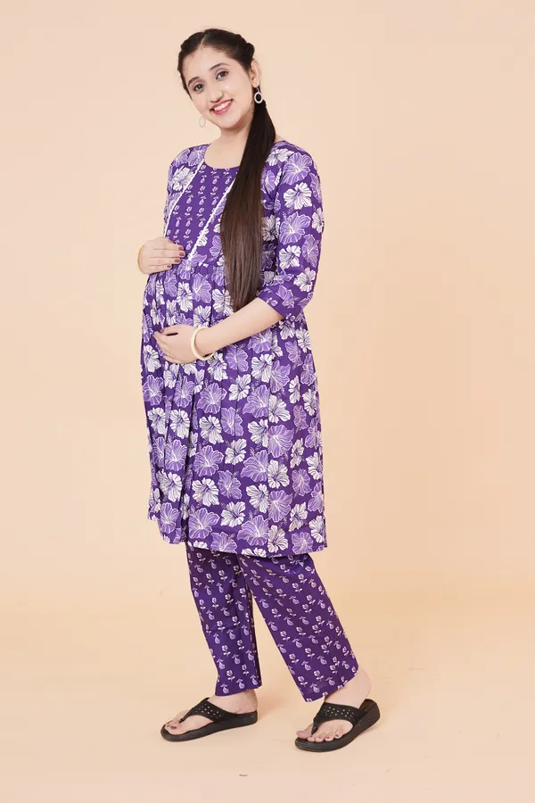 Cotton_Purple_Floral_Print_Maternity_Kurta_Set