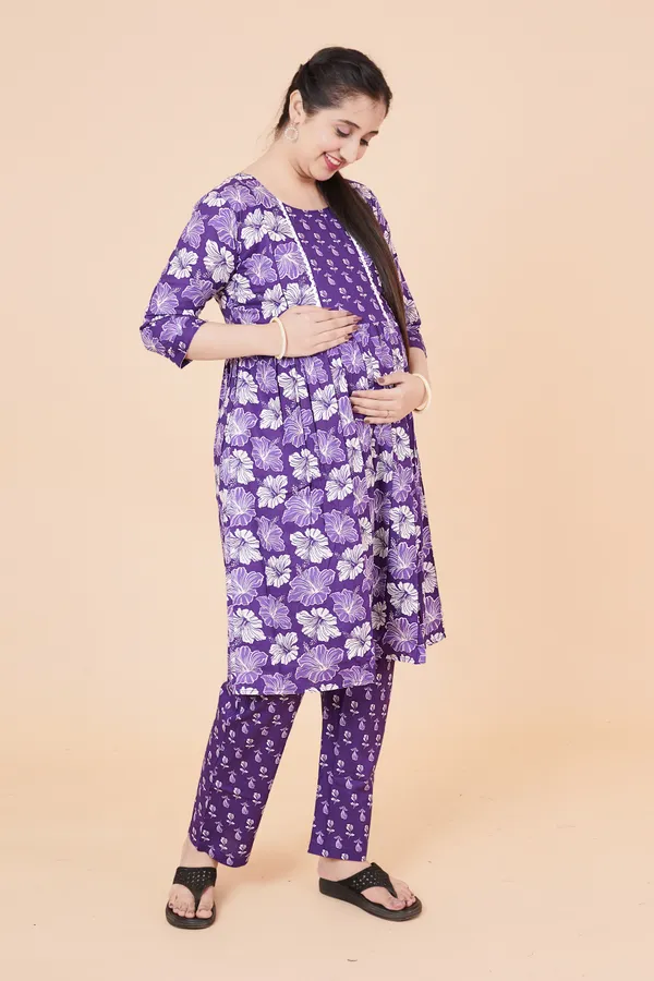 Cotton_Purple_Floral_Print_Maternity_Kurta_Set