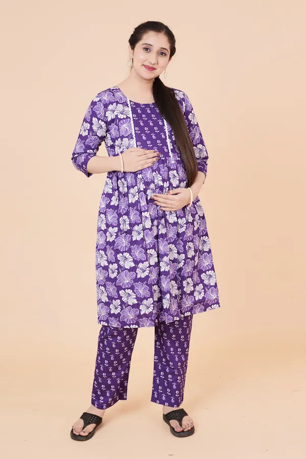 Cotton_Purple_Floral_Print_Maternity_Kurta_Set