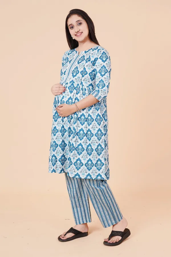 Cotton_Royal_blue_Floral_Print_Maternity_&_Feeding_Kurta_Set