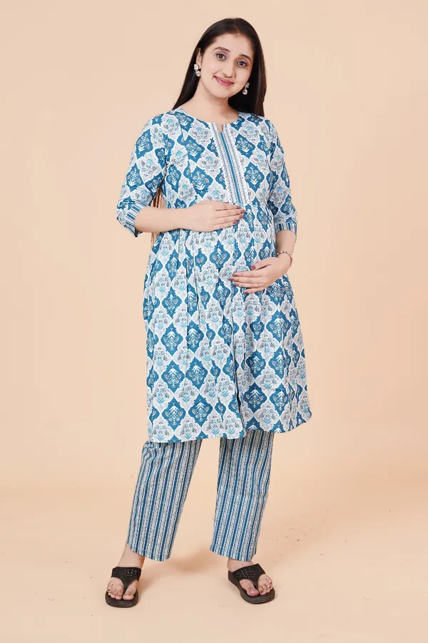 Cotton_Royal_blue_Floral_Print_Maternity_&_Feeding_Kurta_Set
