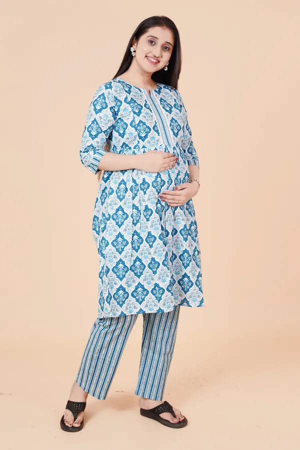 Cotton_Royal_blue_Floral_Print_Maternity_&_Feeding_Kurta_Set