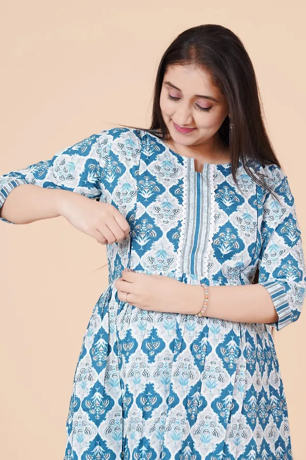 Cotton_Royal_blue_Floral_Print_Maternity_&_Feeding_Kurta_Set