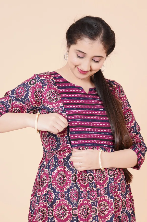 Cotton_Wine_Floral_Print_Maternity_Kurta_Set__(Top_&_Bottom)