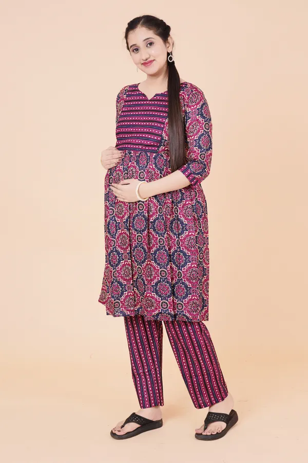 Cotton_Wine_Floral_Print_Maternity_Kurta_Set__(Top_&_Bottom)