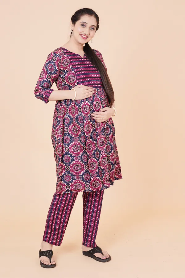 Cotton_Wine_Floral_Print_Maternity_Kurta_Set__(Top_&_Bottom)