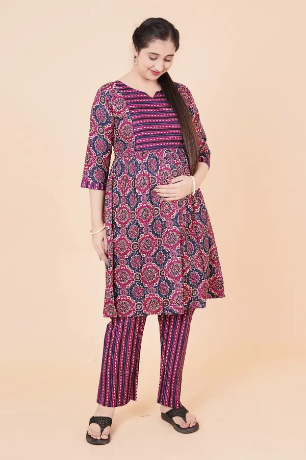 Cotton_Wine_Floral_Print_Maternity_Kurta_Set__(Top_&_Bottom)