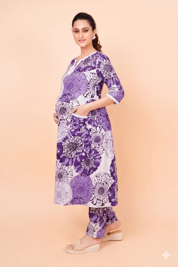 Elegant_Violet_Floral_Maternity_&_Feeding_Kurta_Set_with_Side_Invisible_Zips