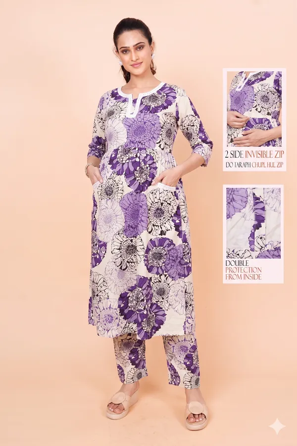 Elegant_Violet_Floral_Maternity_&_Feeding_Kurta_Set_with_Side_Invisible_Zips