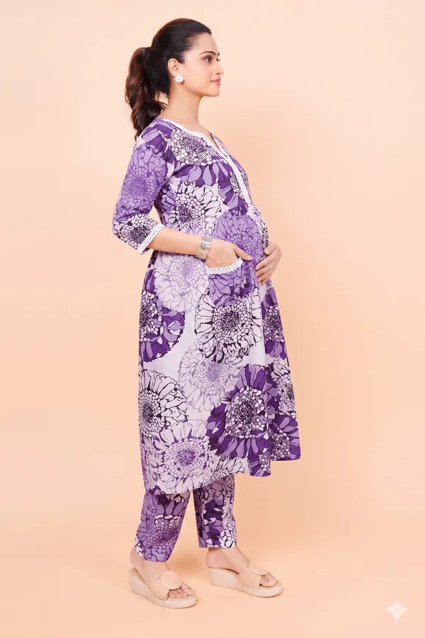 Elegant_Violet_Floral_Maternity_&_Feeding_Kurta_Set_with_Side_Invisible_Zips